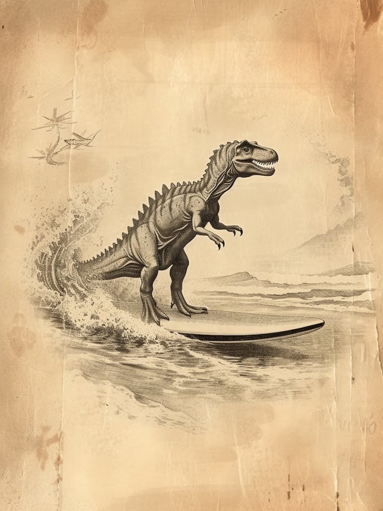 Vintage Spinosaurus Dinosaur On A Surf Board 1