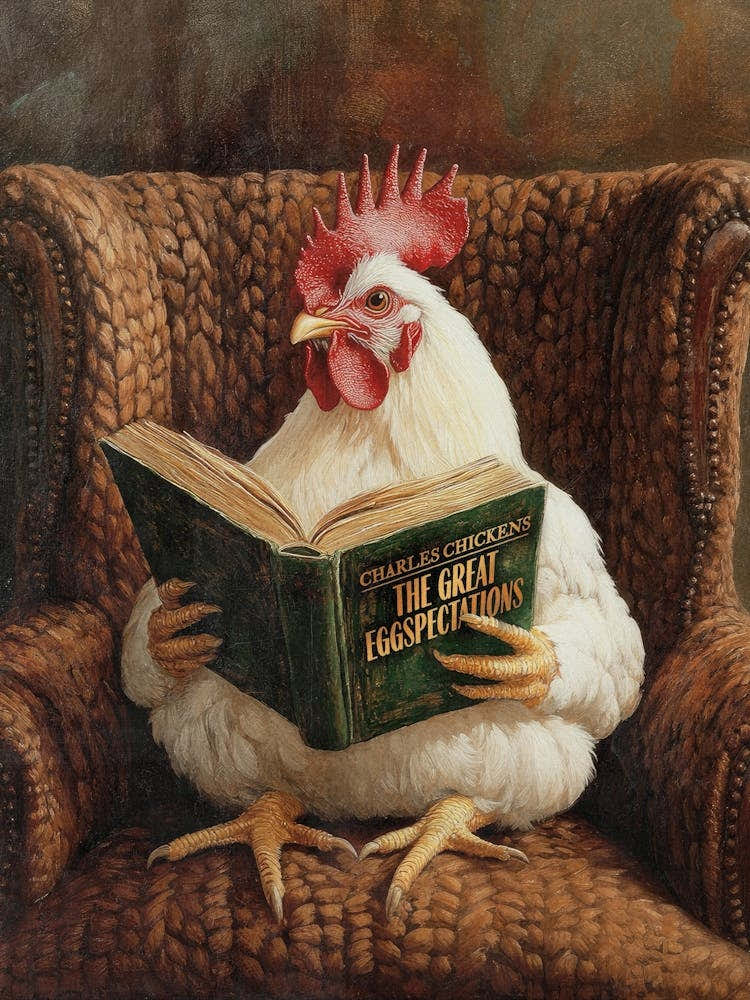 The Great Eggspectations of Charles Chickens Print - Funny Chicken Reading Poster for Bookworms and Bird Lovers, Funny Hen Wall Art Punny Chicken Poster with Book Humor for Kitchen or Bath