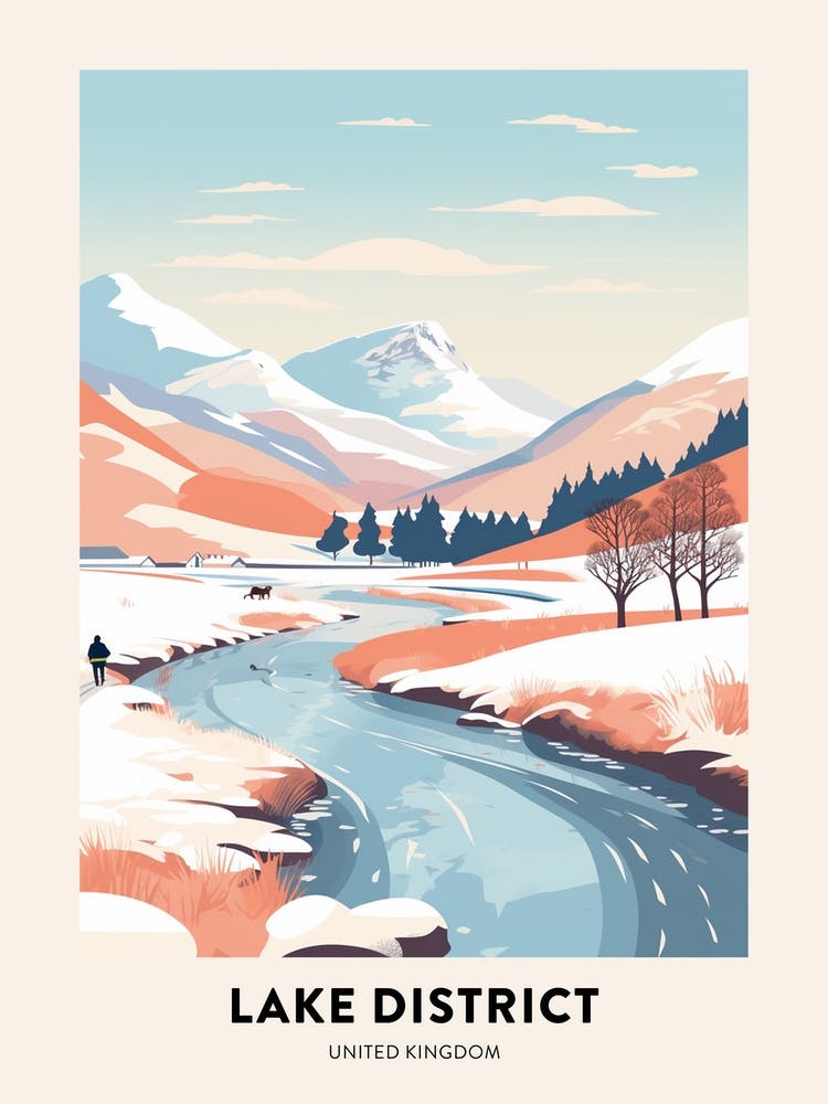 Vintage Winter Travel Poster Lake District United Kingdom 2