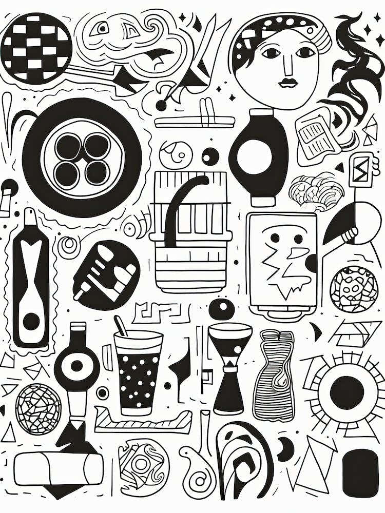 Random Things Black And White Line Art