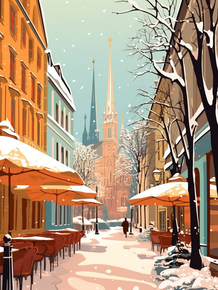 Vintage Winter Travel Illustration Munich Germany 3