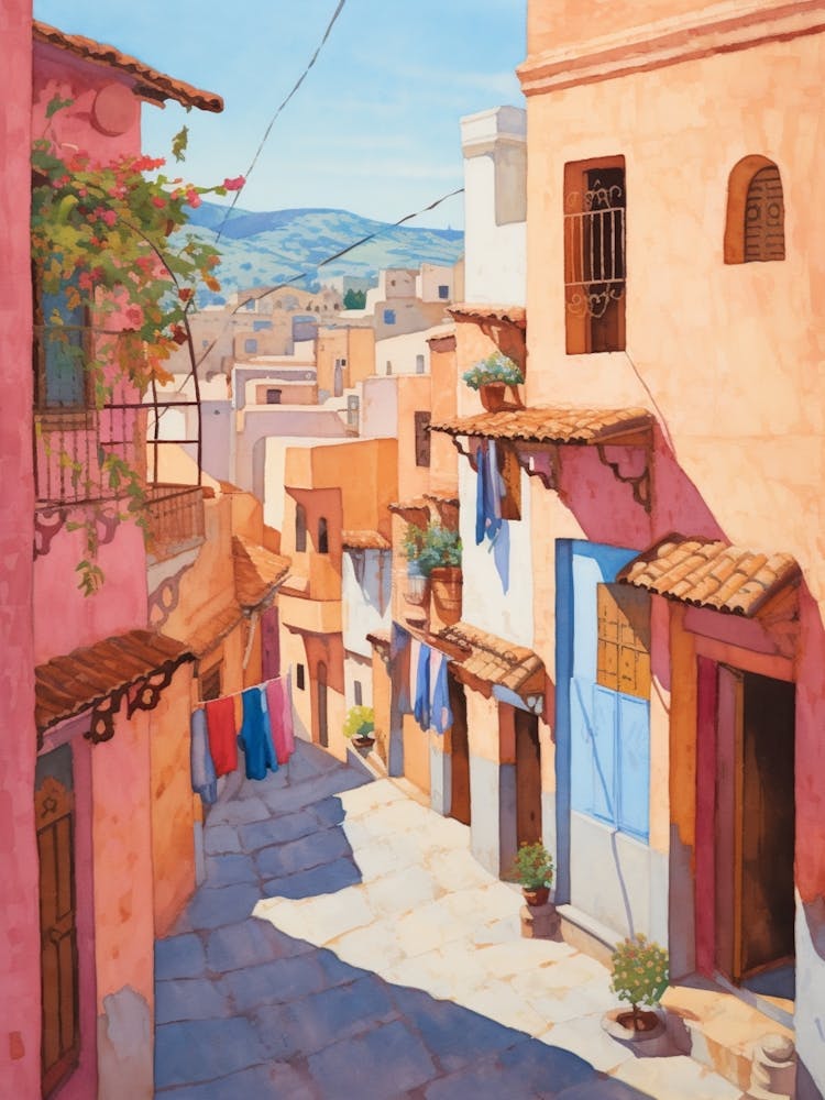 Chefchaouen Morocco 1 Vintage Pink Travel Illustration