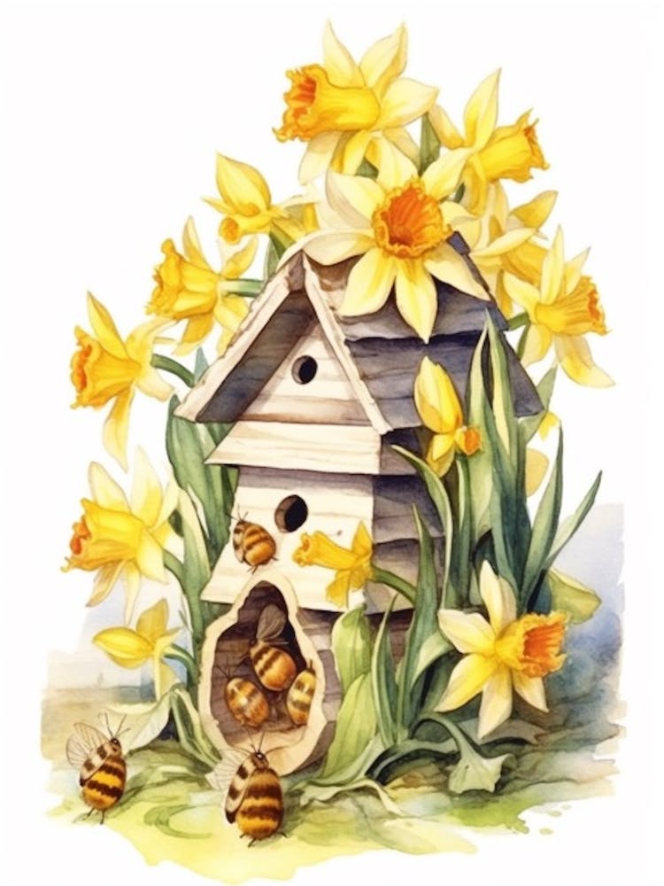 Beehive With Daffodils Watercolour Illustration 1
