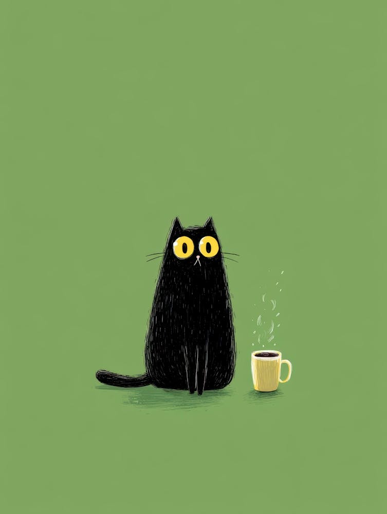 Black Cat With A Cup Of Coffee 2