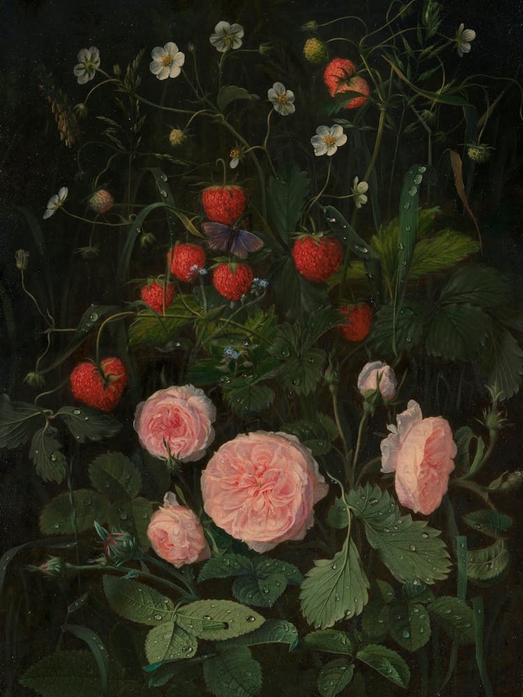 Roses And Strawberries Vintage Floral Painting