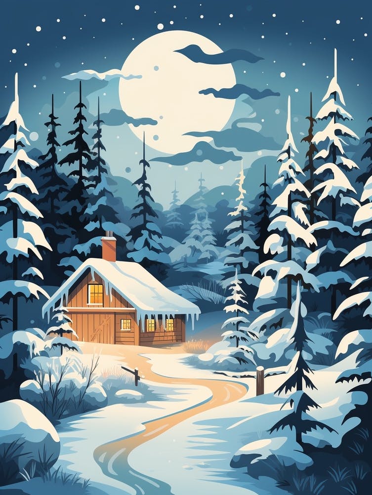 Winter Travel Night Illustration Lapland Finland 2