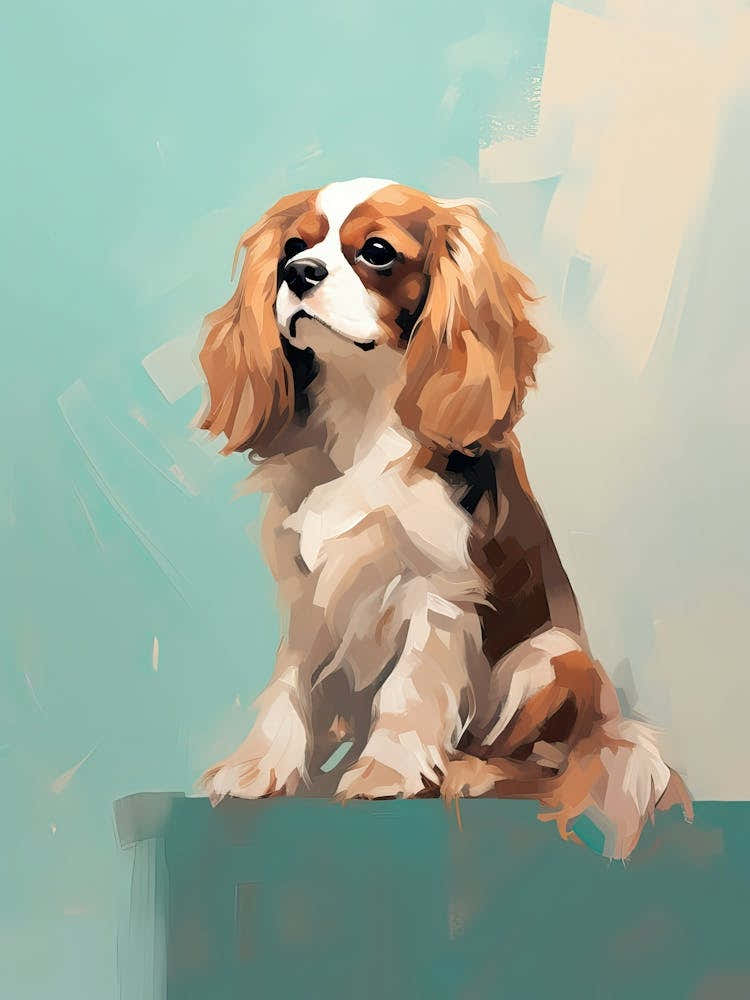 Cavalier King Charles Spaniel Dog, Painting In Light Teal And Brown 0