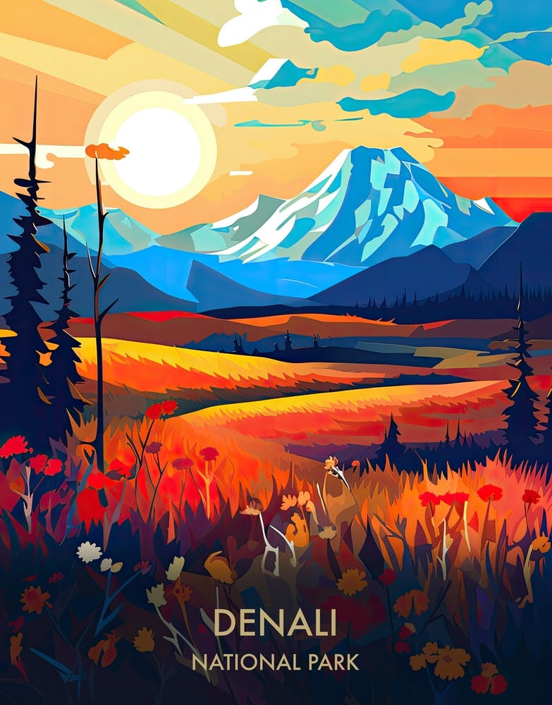 Denali National Park Travel Poster Illustration Style 2