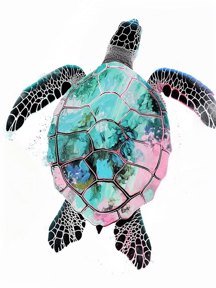 Aqua Pink Sea Turtle On A White Background