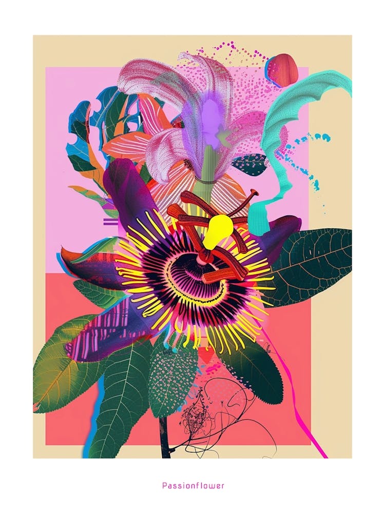 Passionflower 1 Neon Flower Collage Poster