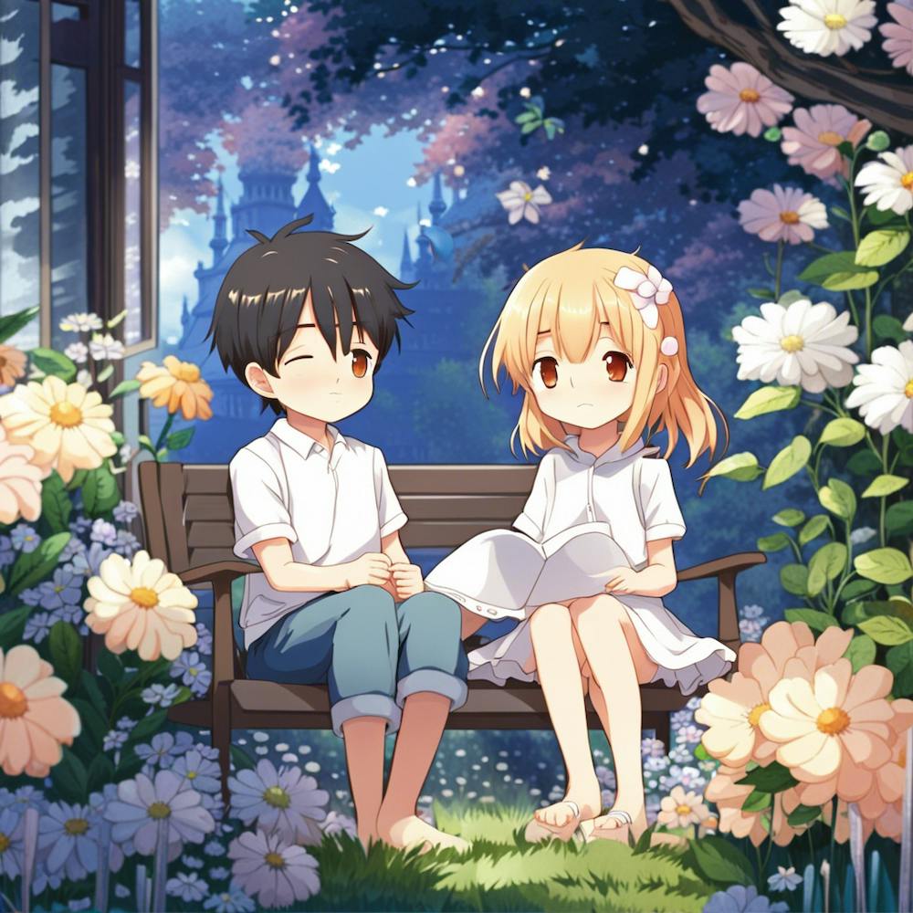 Boy and girl anime in the garden