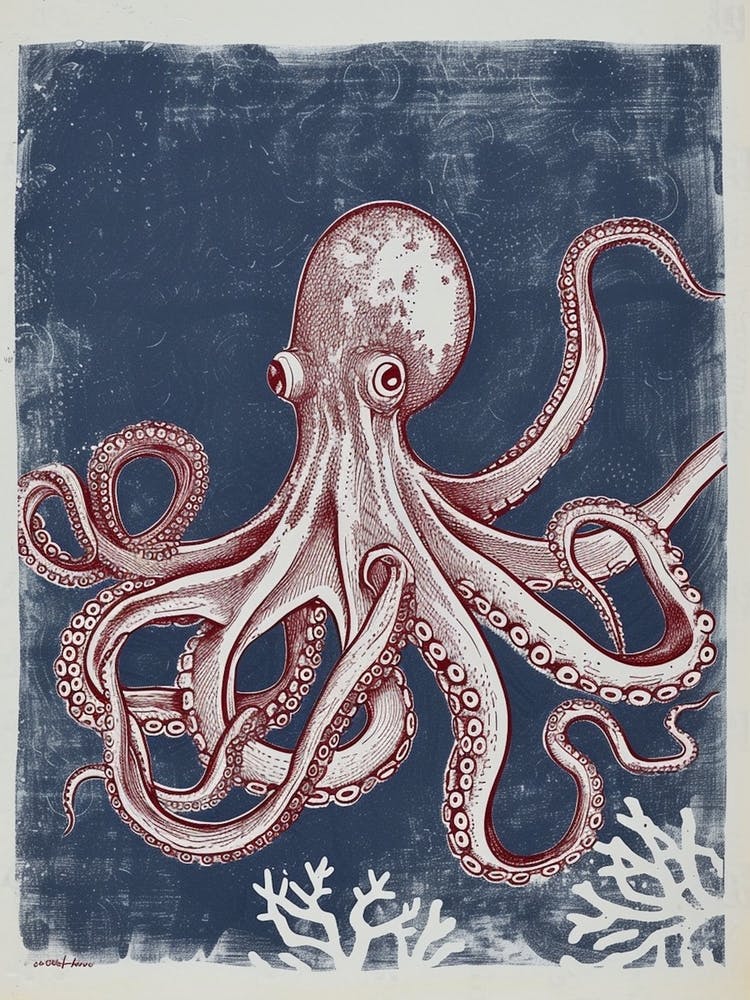 Octopus Linocut Style With Aqua Marine Plants 6