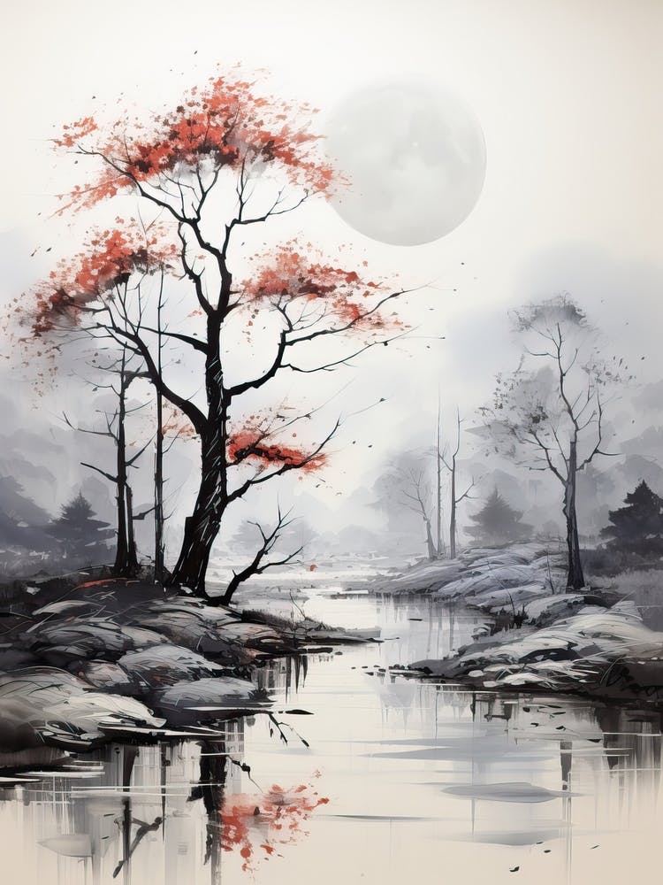 Kamikochi In Nagano, Japanese Brush Painting, Ukiyo E, Minimal 2