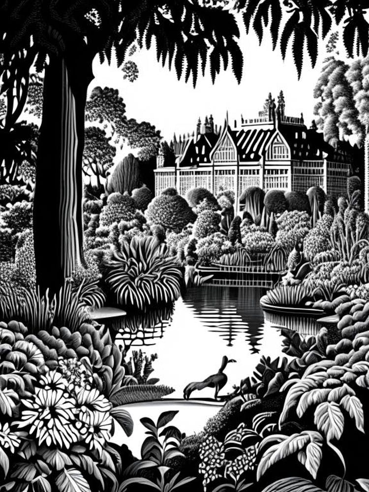 Nymphenburg Palace Gardens, 1, Germany Linocut Black And White Vintage