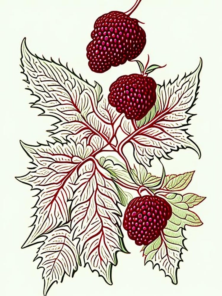 Red Raspberry Herb William Morris Inspired Line Drawing 1