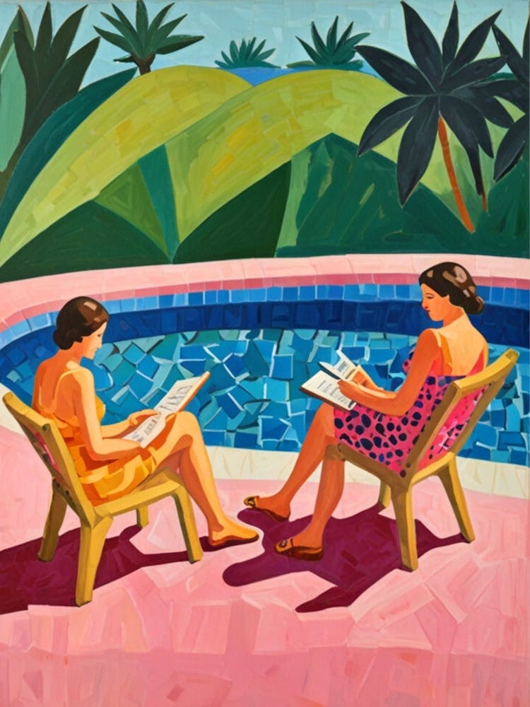 Two Women Reading By The Pool