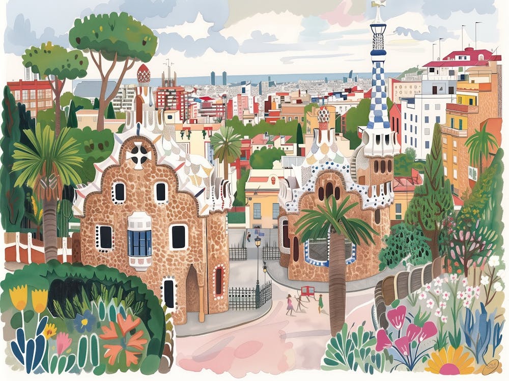 Barcelona Park Guell Painting Landscape