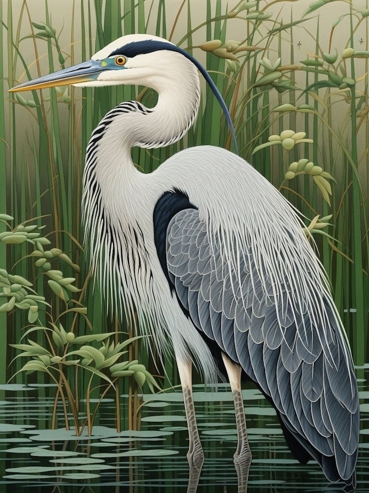 Ohara Koson Inspired Bird Painting Great Blue Heron 2