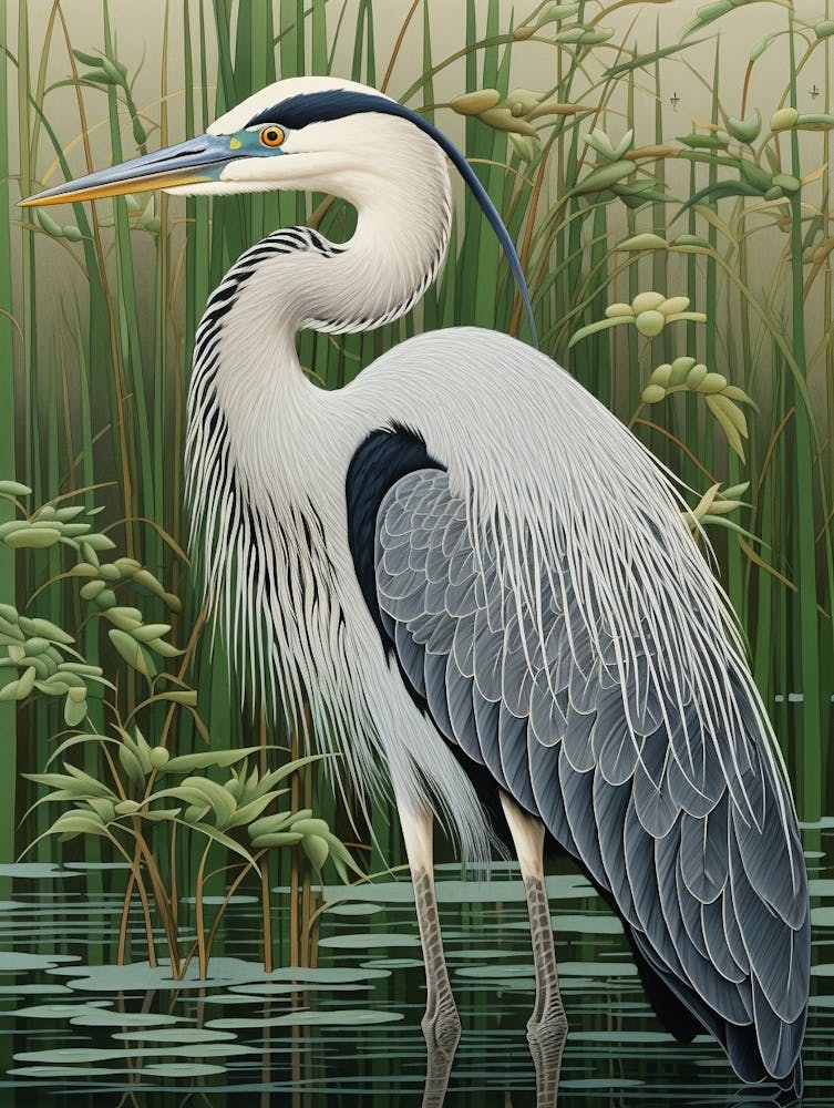 Ohara Koson Inspired Bird Painting Great Blue Heron 2