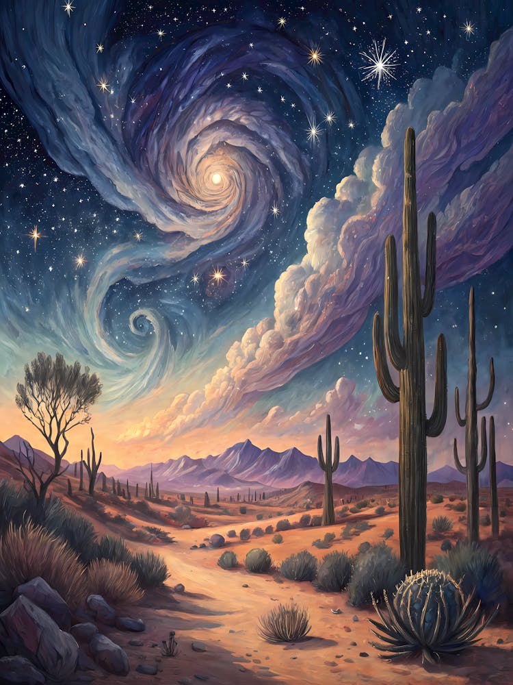 A Desert Landscape with Cacti Under a Swirling Sky Oil Painting Style