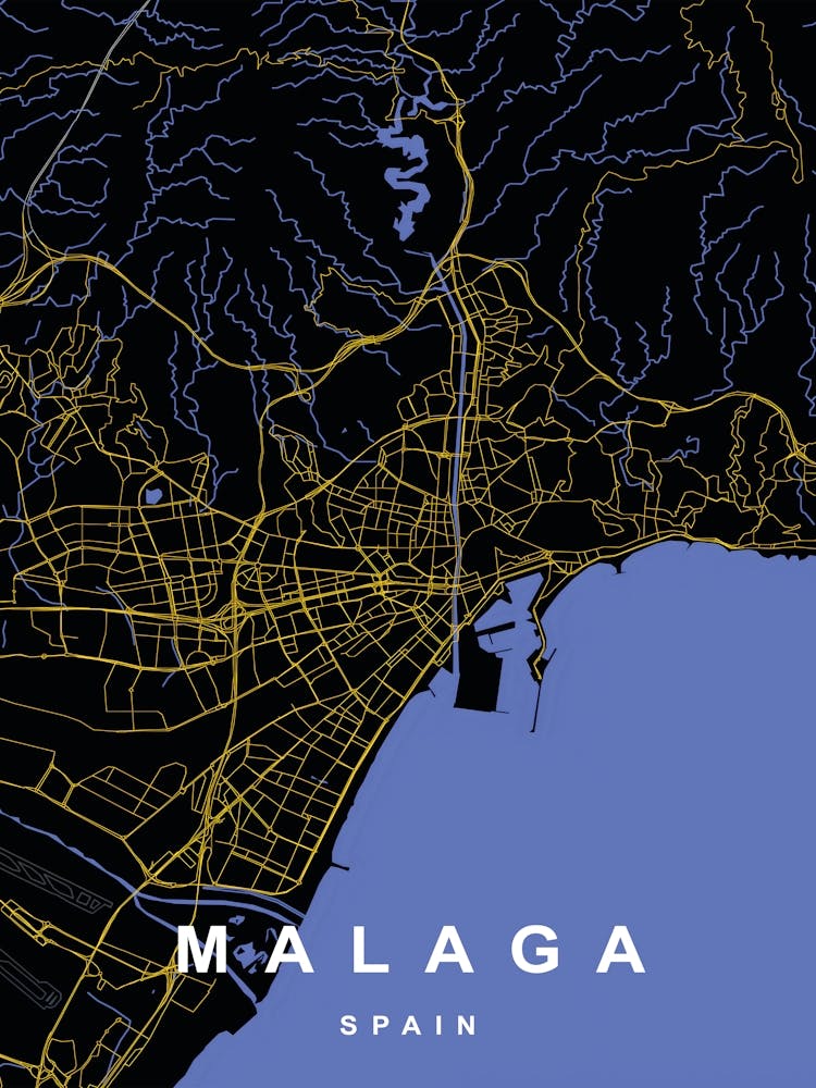 Malaga Spain City Map Black and Gold