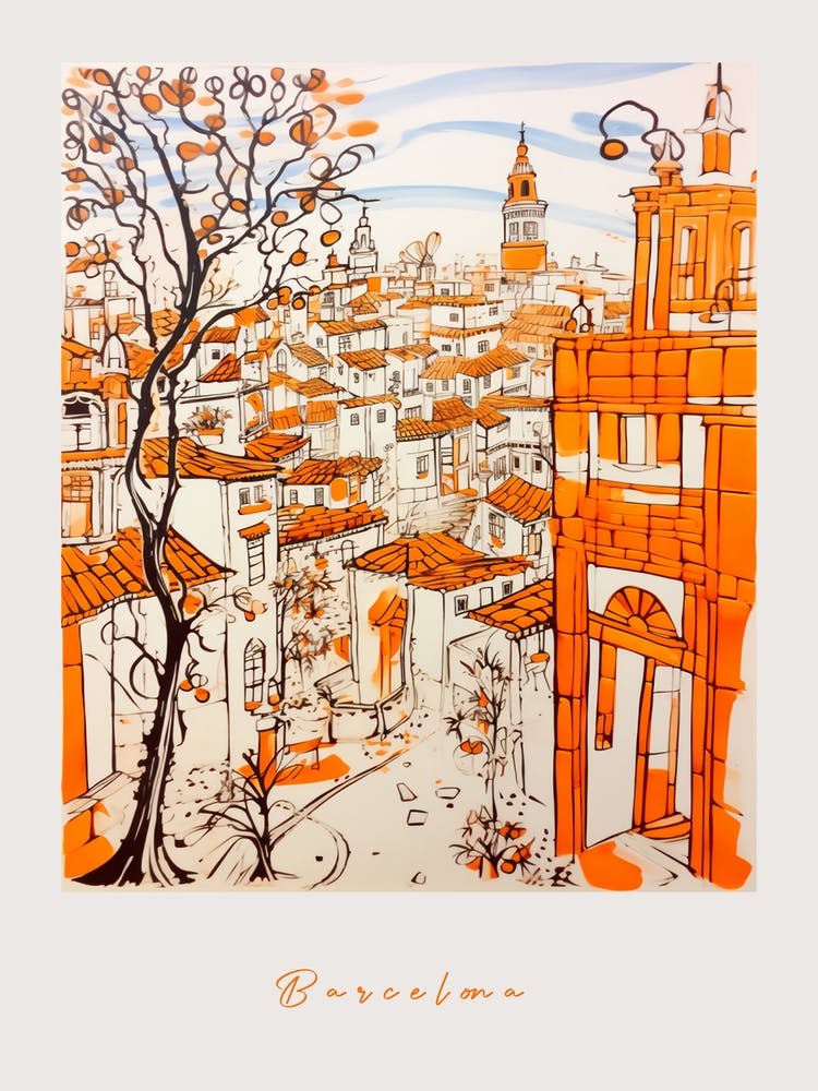 Barcelona Spain Orange Drawing Poster