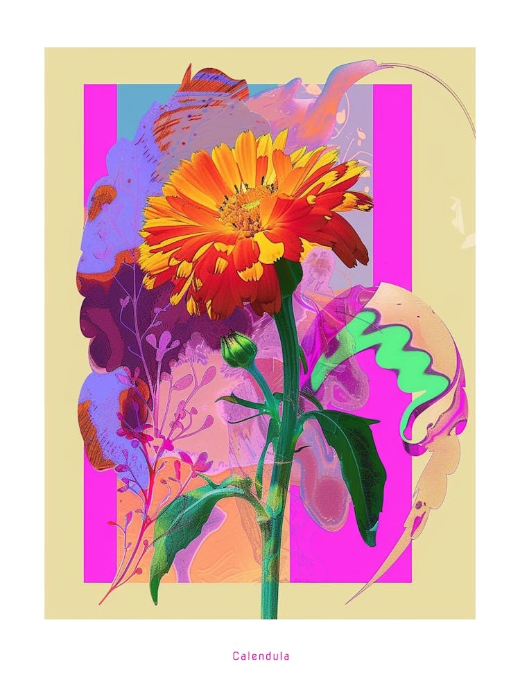 Calendula 2 Neon Flower Collage Poster