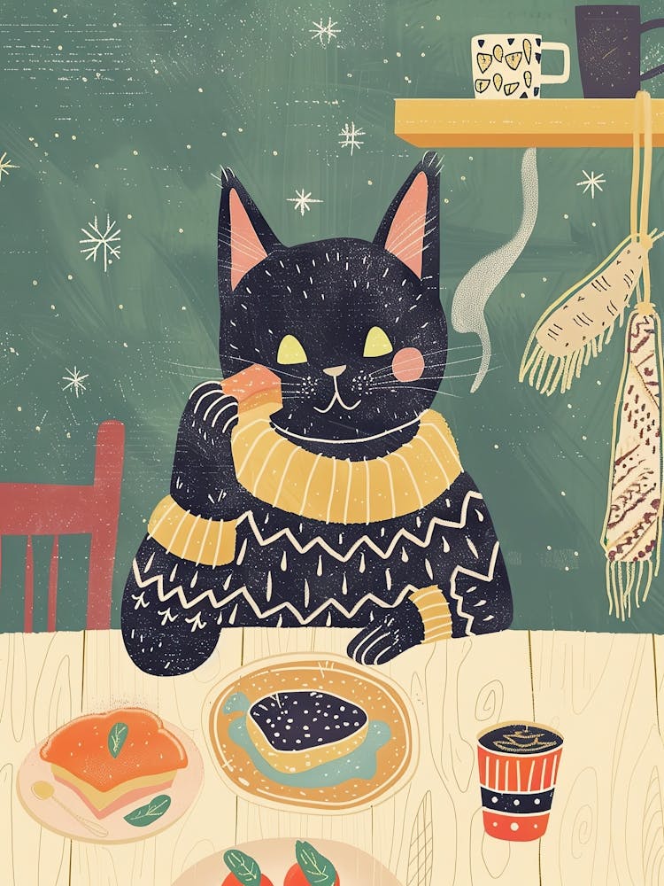 Black Cat Having Breakfast Folk Illustration 4