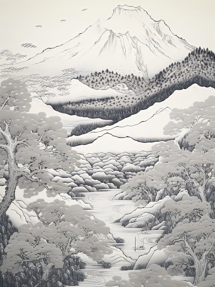 Mount Gassan In Yamagata, Ukiyo E Black And White Line Art Drawing 3