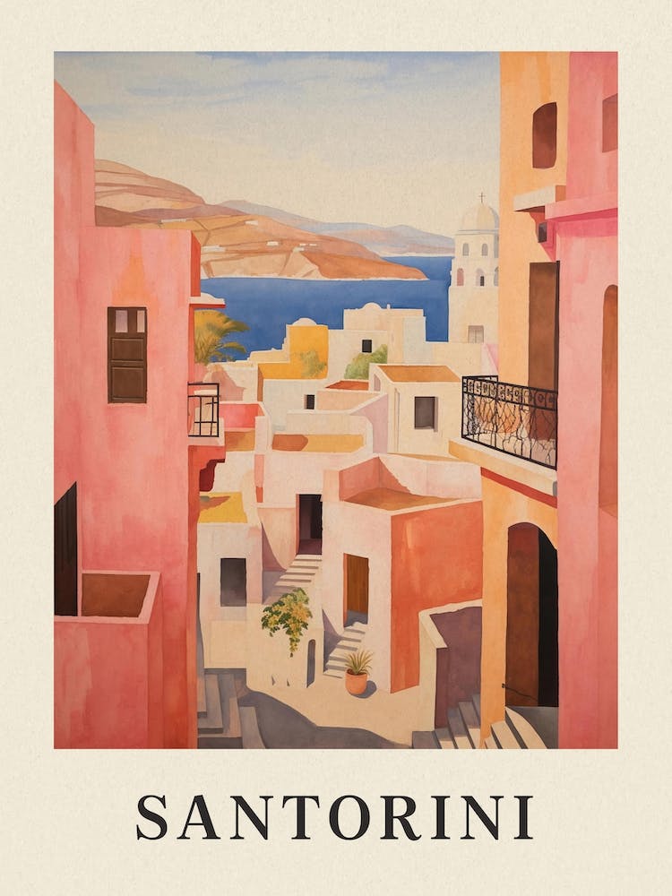 Santorini Greece 4 Vintage Pink Travel Illustration Poster