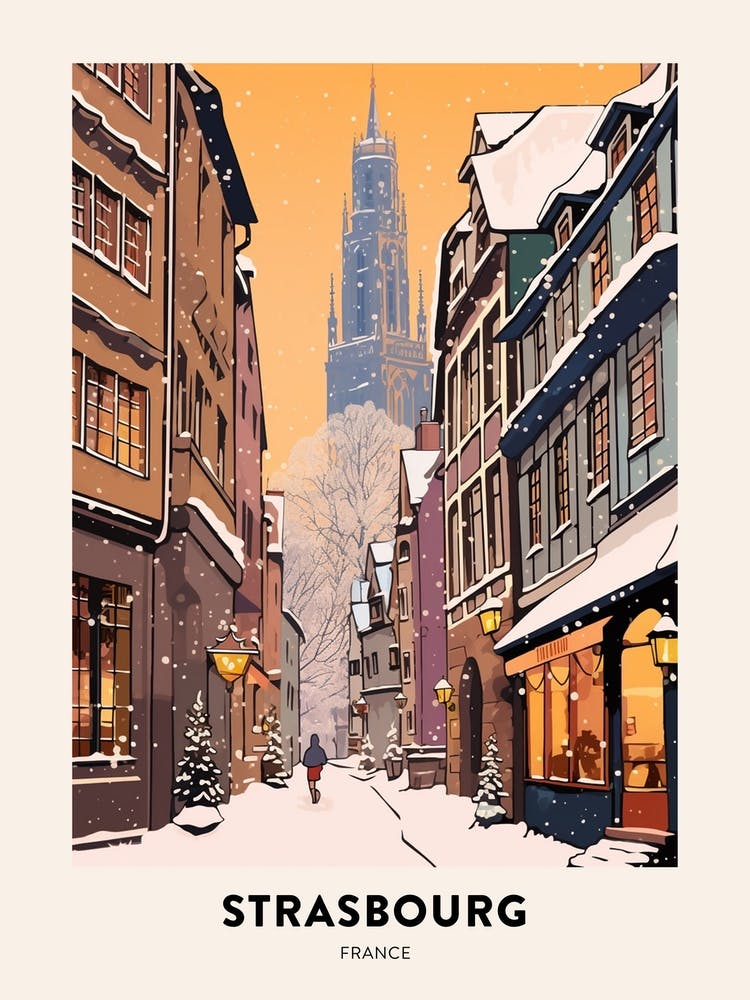 Vintage Winter Travel Poster Strasbourg France 1