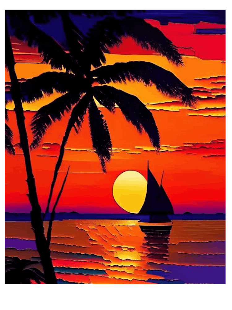 Acrylic Style Palm Tree Over The Beach Sunrise