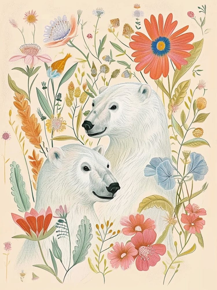 Folksy Floral Animal Drawing Polar Bear 4