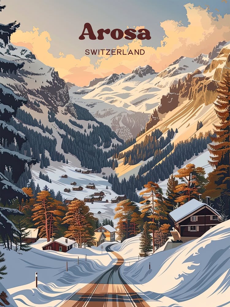 Arosa Switzerland Winter Retro Digital Travel Illustration