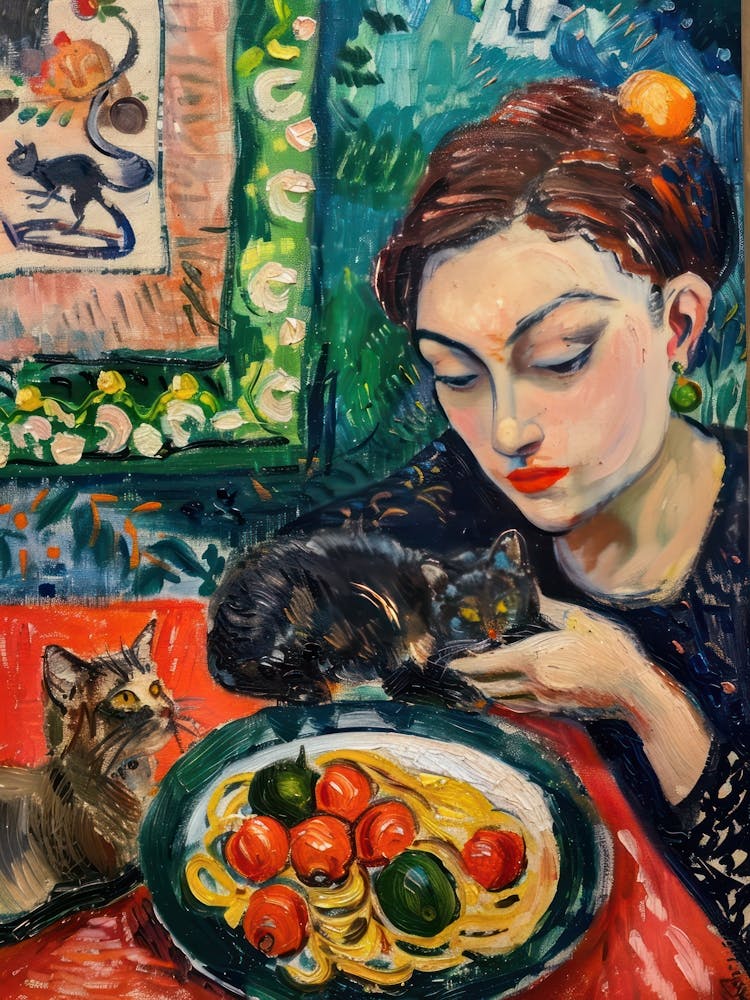 Portrait Of A Woman With Cats Eating Pasta 2