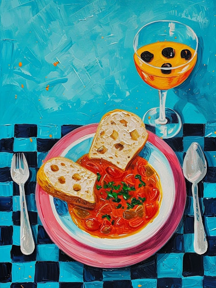 Spaghetti & A Cocktail Blue Checkered Painting