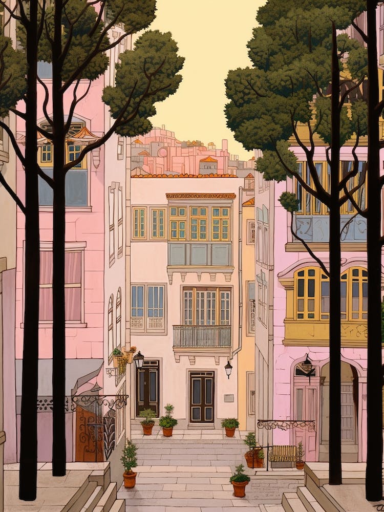 Lisbon Portugal 3 Illustration de voyage rose vintage