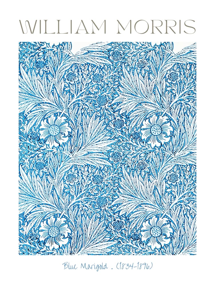 Blue Marigold Floral Fabric Genuine Print by William Morris (1834-1896) Feature Wall Decor by Famous British Textile Designer HD Remastered by the Met