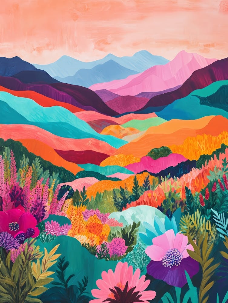 Colorful Landscape With Mountain and Flowers