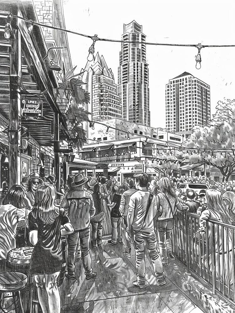 Live Music Scene Austin Texas Black And White Drawing 3