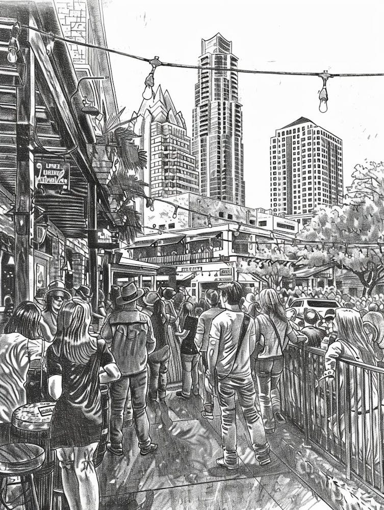 Live Music Scene Austin Texas Black And White Drawing 3