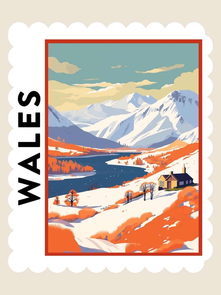 Retro Winter Stamp Poster Snowdonia United Kingdom 1