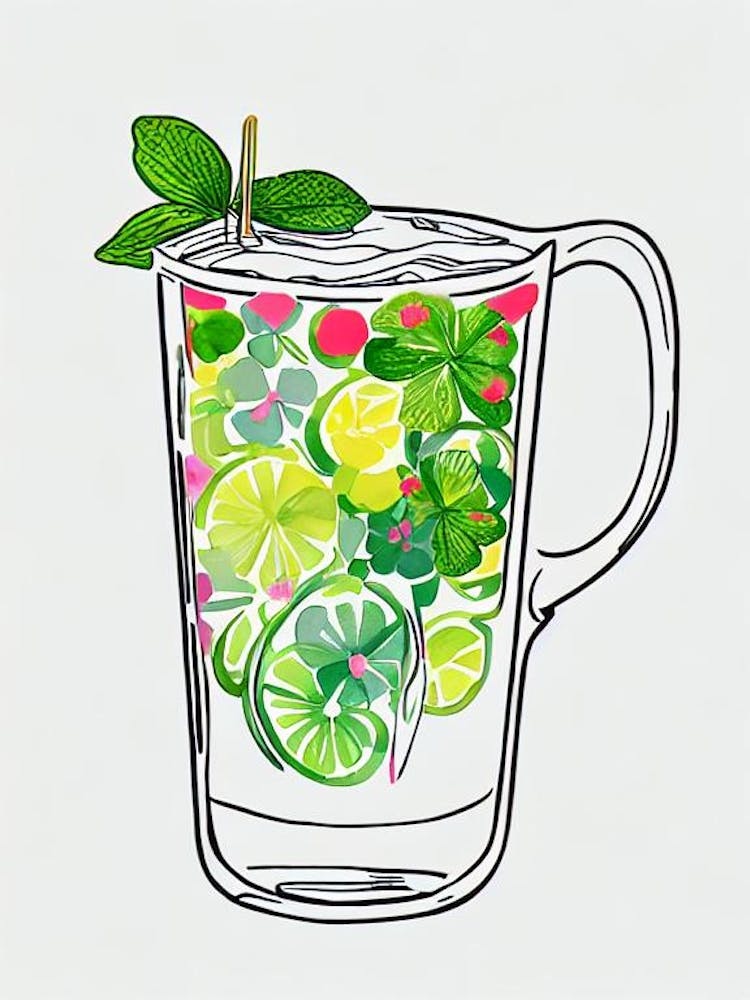 Clover Club Minimal Line Drawing With Watercolour Cocktail Poster