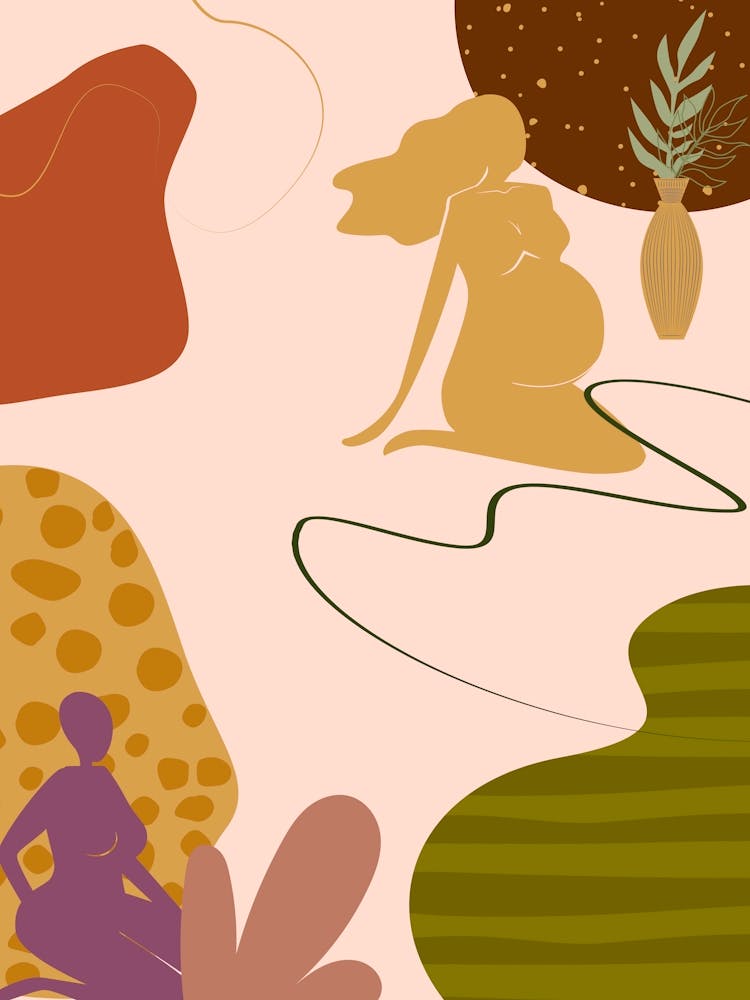 Pregnant Woman In A Garden. Woman and Desert - boho travel pastel vector minimalist