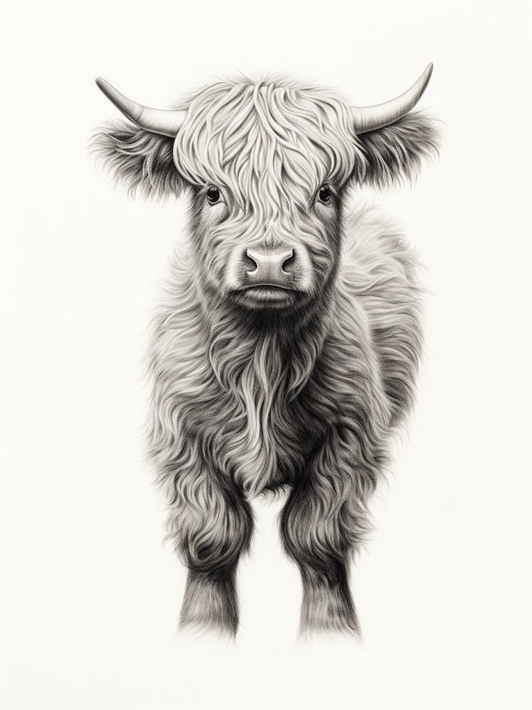 Black & White Illustration Of Young Highland Cow