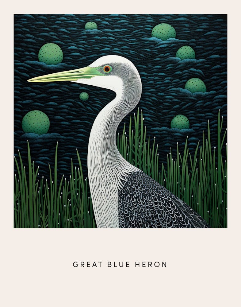 Ohara Koson Inspired Bird Painting Great Blue Heron 6 Poster