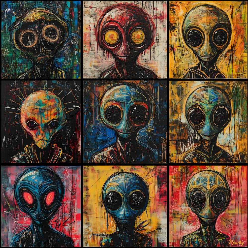 Aliens graffiti in Basquiat style & pop art blending