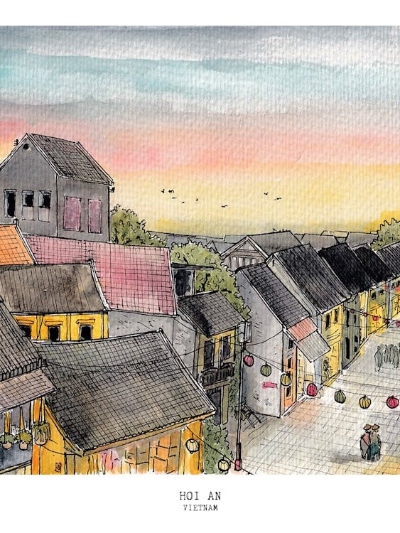 Hoi An Vietnam - Tropical Watercolor Cityscape - Travel Sketch Wall Art, Vietnamese Illustration