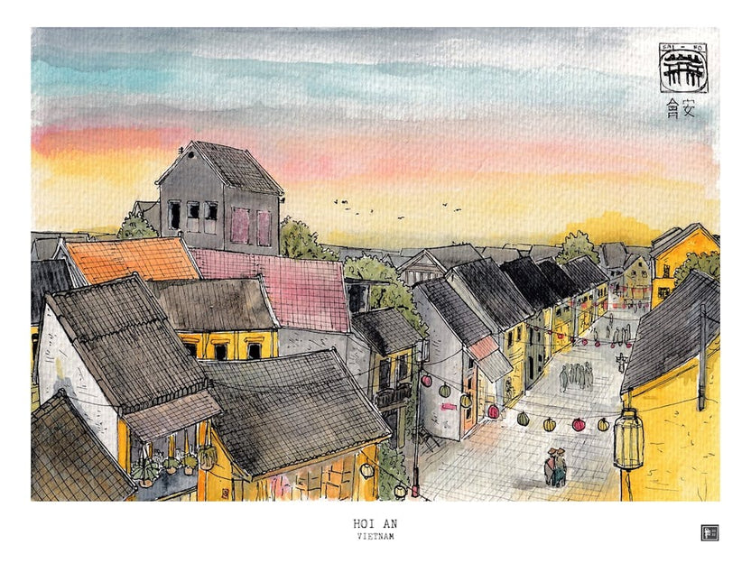 Hoi An Vietnam - Tropical Watercolor Cityscape - Travel Sketch Wall Art, Vietnamese Illustration