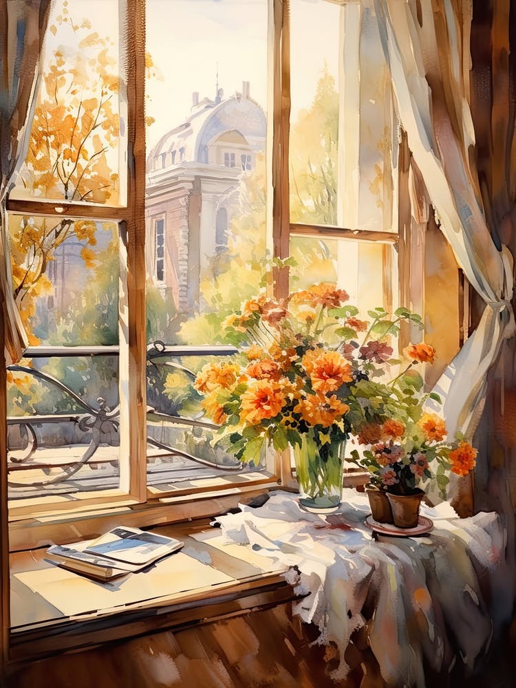 Window View Of Bucharest Romania In Autumn Fall, Watercolour 3